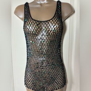 Forever Partners Black Iridescent Sequined Open-work camisole top Med